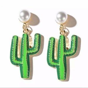 Cactus & Pearl earrings Mexican green enamel bohemian desert cacti pearls